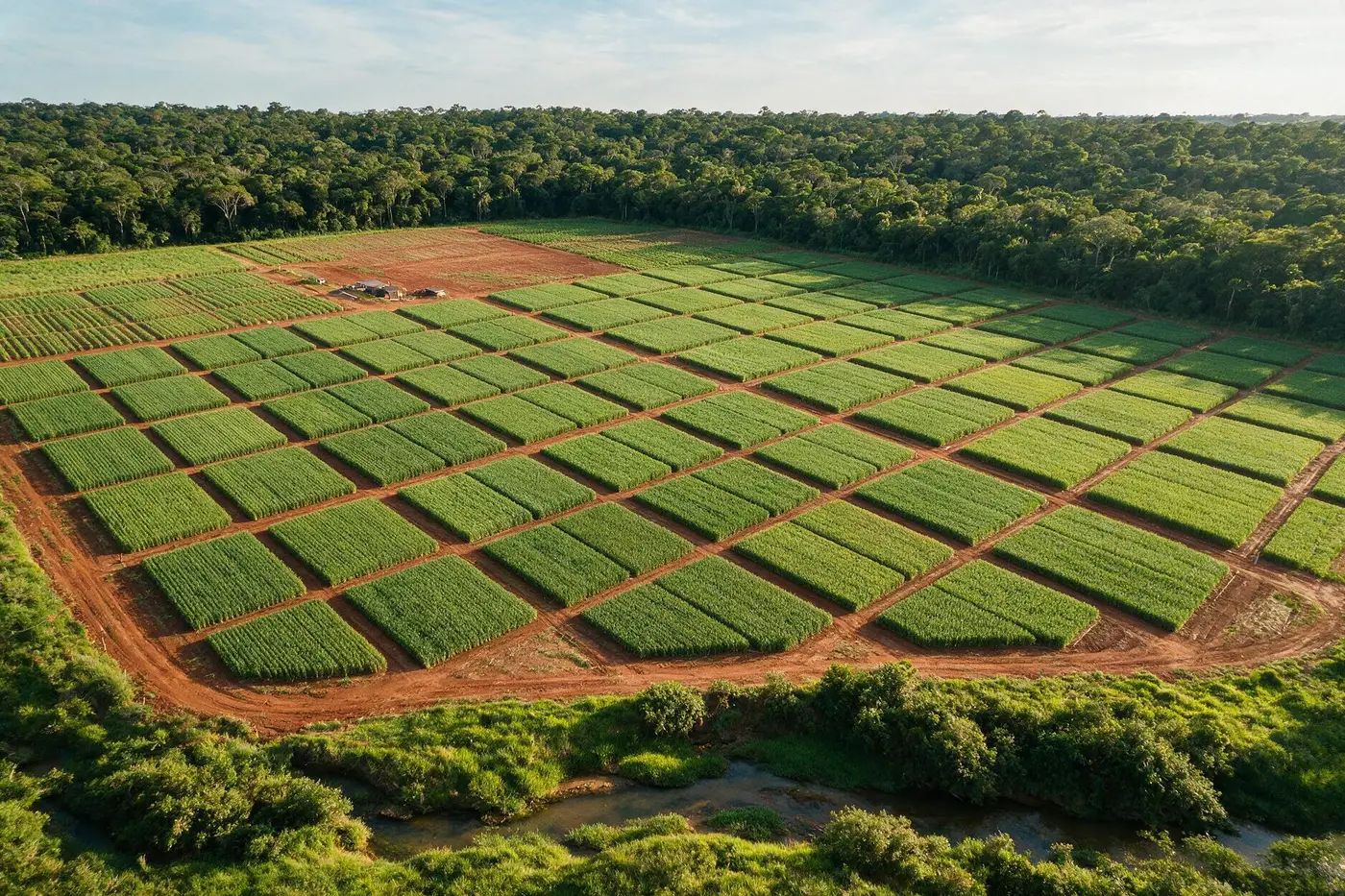 Visão aérea de lavoura experimental dividida em parcelas