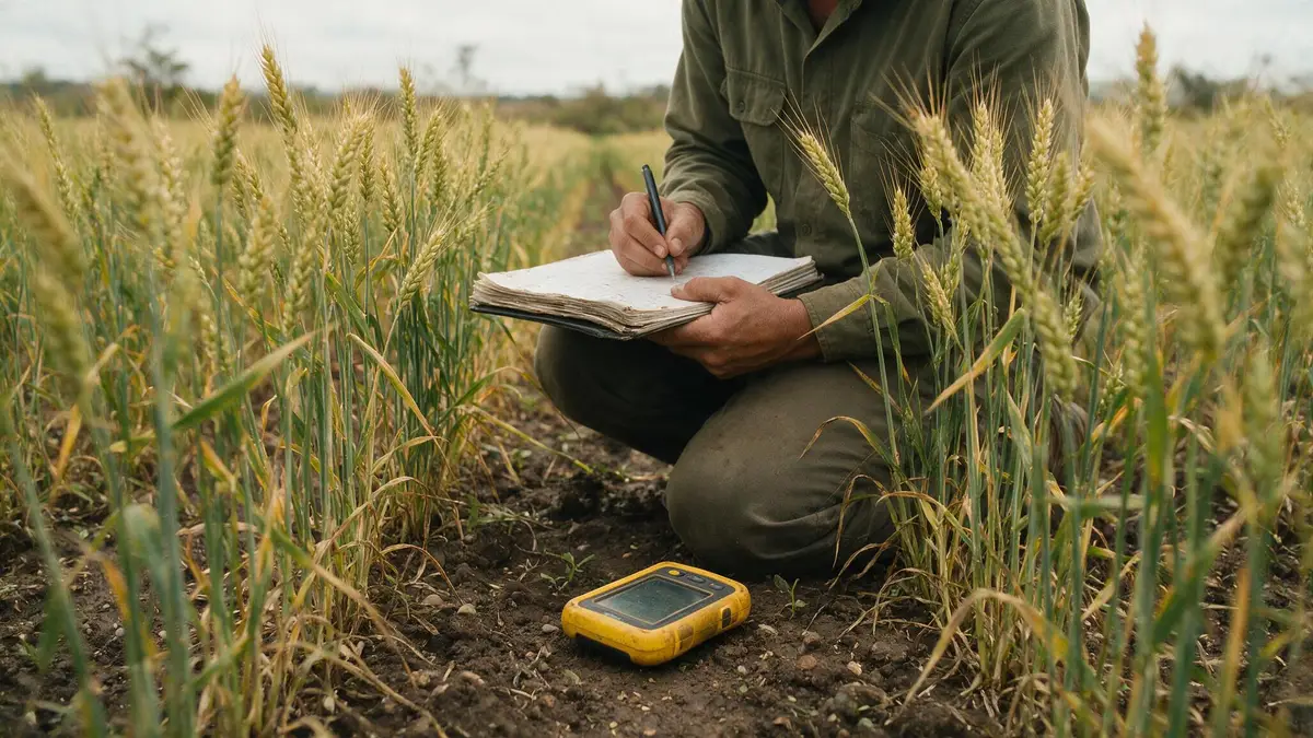 Técnico avaliando plantas e coletando dados em campo