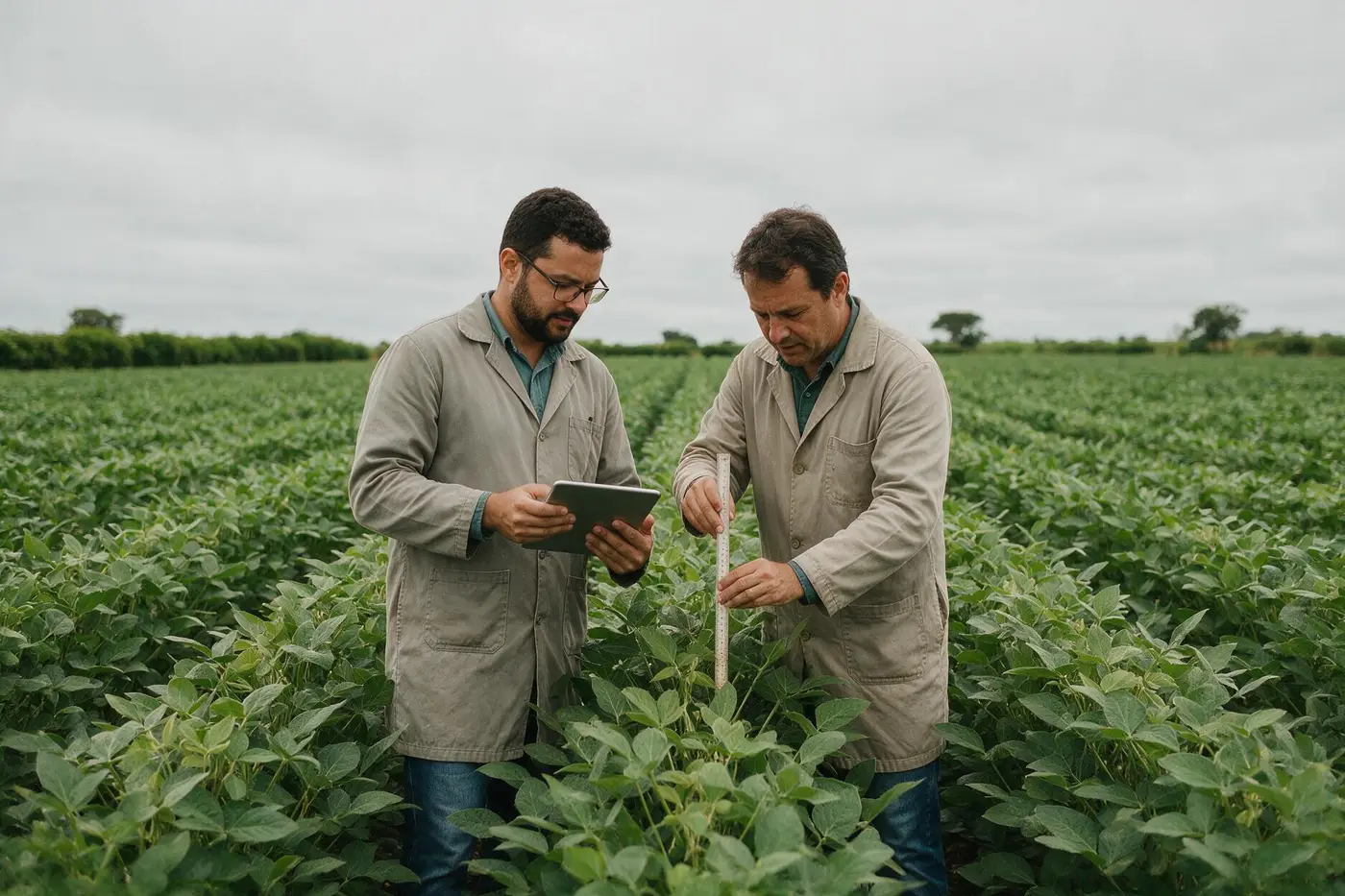 Equipe técnica avaliando plantas em campo experimental
